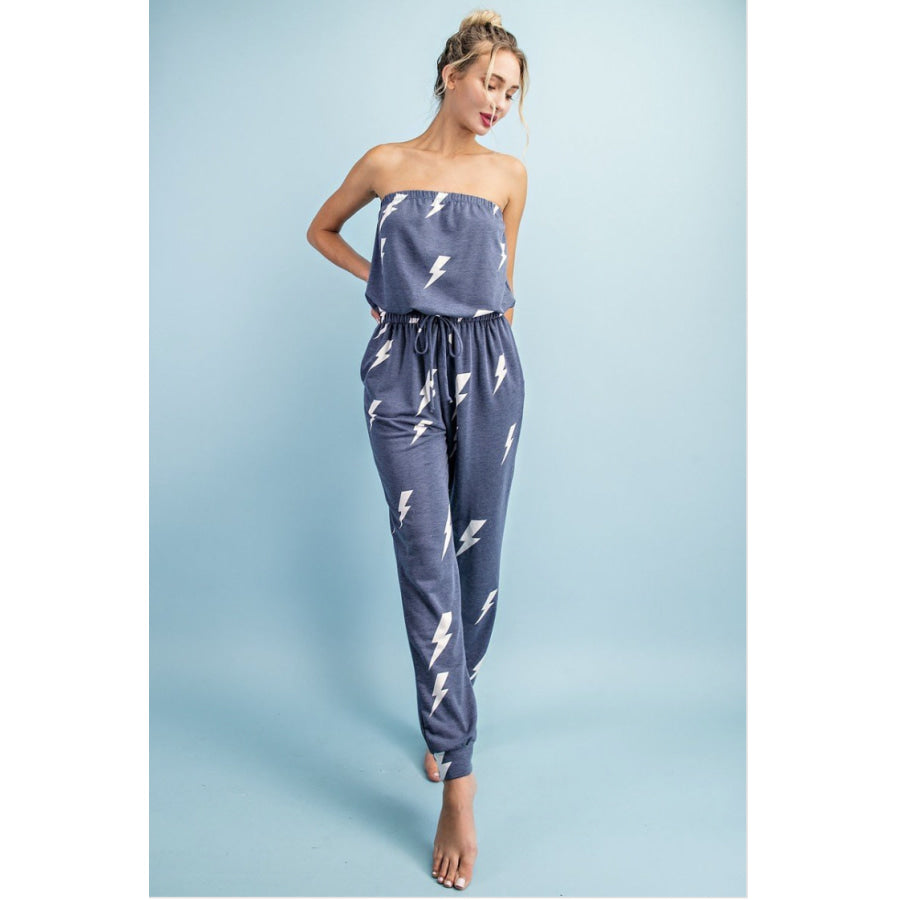 NEW! Lightning Bolt Print Jumpsuit with Drawstring Cinched Waist and Pockets Jumpsuit