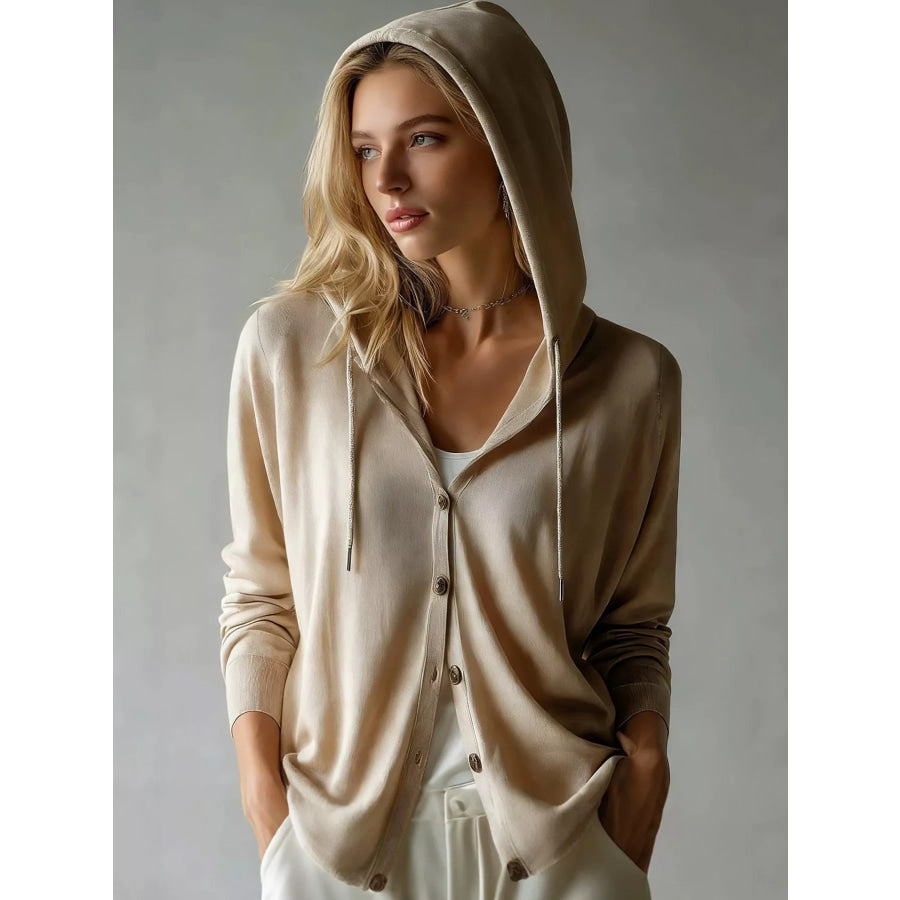 Lightweight Drawstring Hooded Cardigan Apricot / S Apparel and Accessories