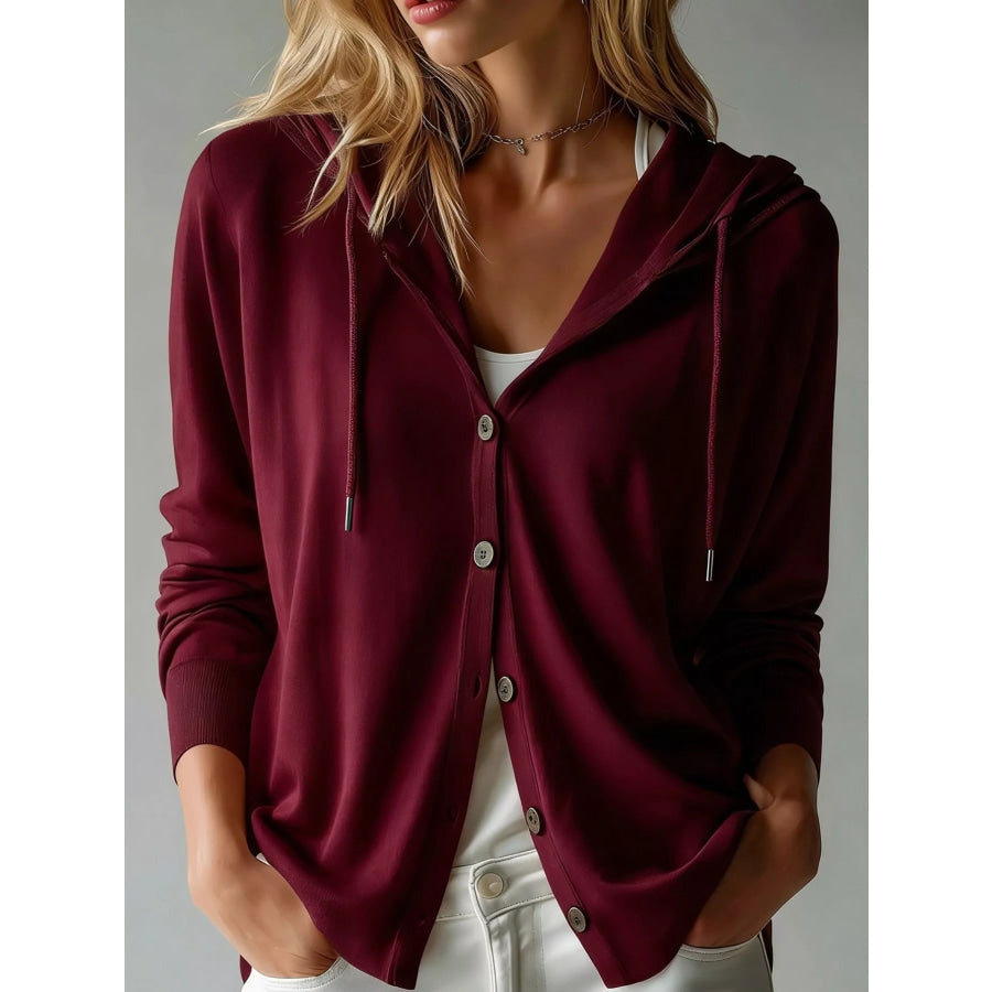 Lightweight Drawstring Hooded Cardigan Burgundy / S Apparel and Accessories