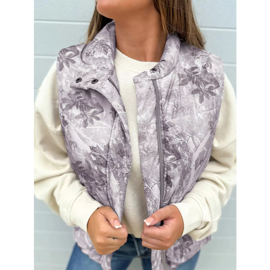 Lightweight Leaf Print Vest Coat Gray / S Apparel and Accessories