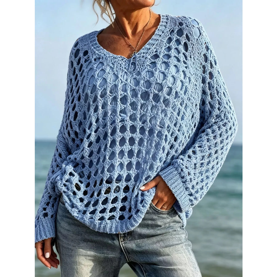 Lightweight Openwork Crochet Knit Cover Up Blue / S Apparel and Accessories