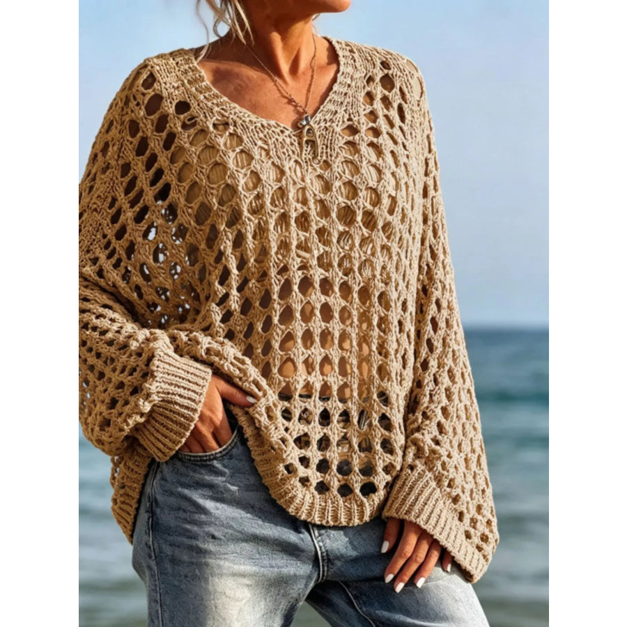 Lightweight Openwork Crochet Knit Cover Up Khaki / S Apparel and Accessories
