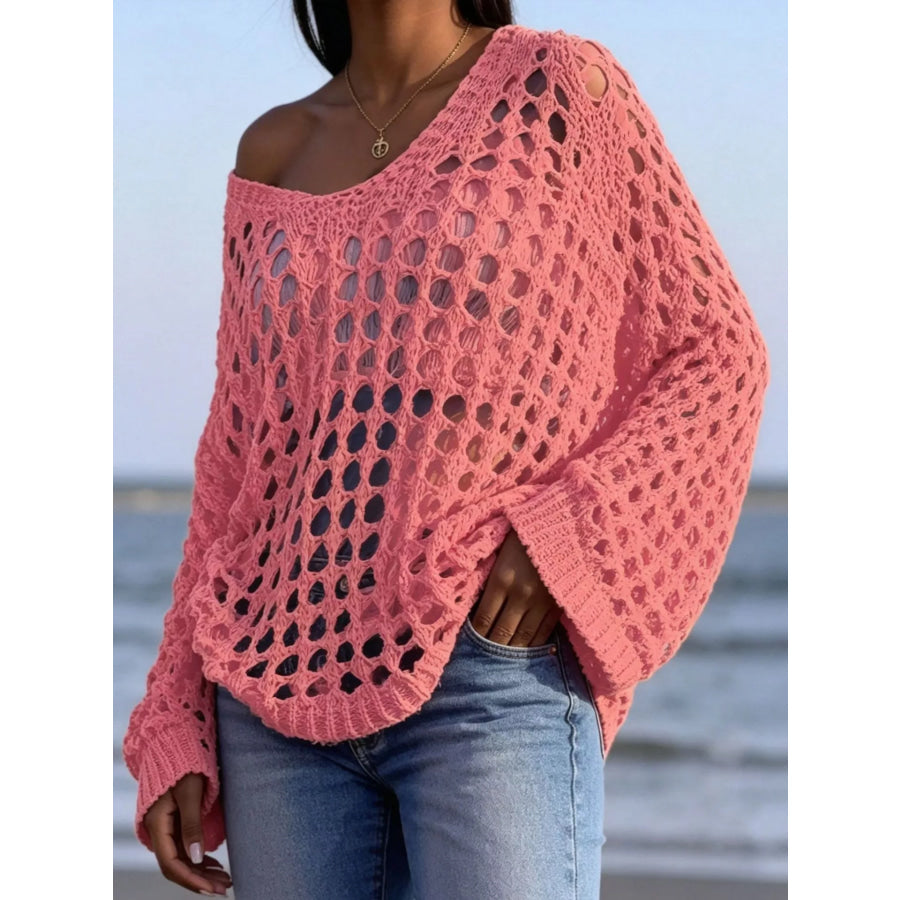 Lightweight Openwork Crochet Knit Cover Up Pink / S Apparel and Accessories