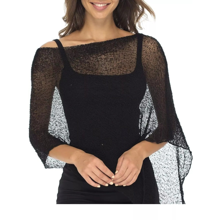 Lightweight Sheer Cropped Knit Poncho Cover-Up Black / One Size Apparel and Accessories