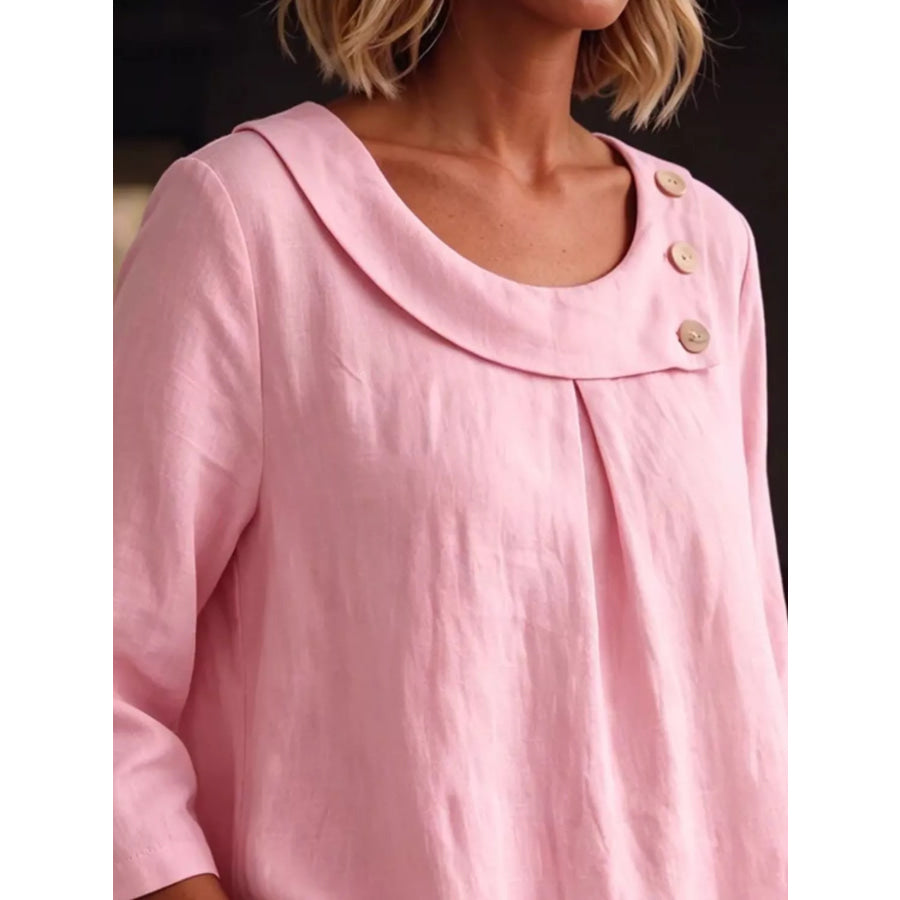 Linen Blend Blouse with Decorative Buttons Apparel and Accessories