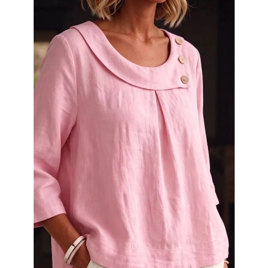 Linen Blend Blouse with Decorative Buttons Apparel and Accessories
