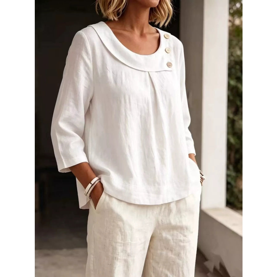 Linen Blend Blouse with Decorative Buttons Apparel and Accessories