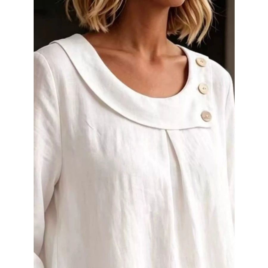 Linen Blend Blouse with Decorative Buttons Apparel and Accessories