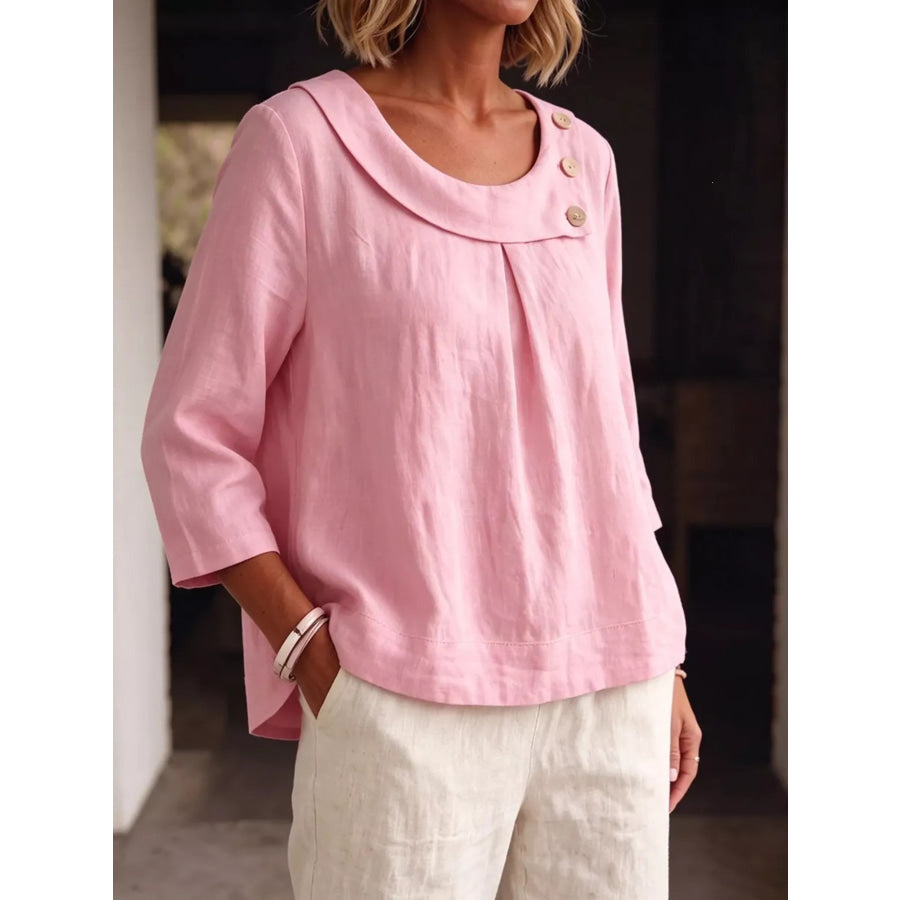 Linen Blend Blouse with Decorative Buttons Pink / S Apparel and Accessories
