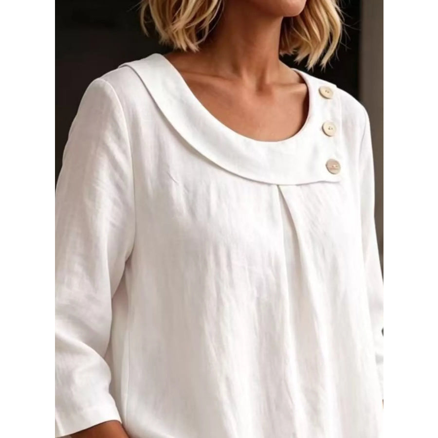 Linen Blend Blouse with Decorative Buttons White / S Apparel and Accessories