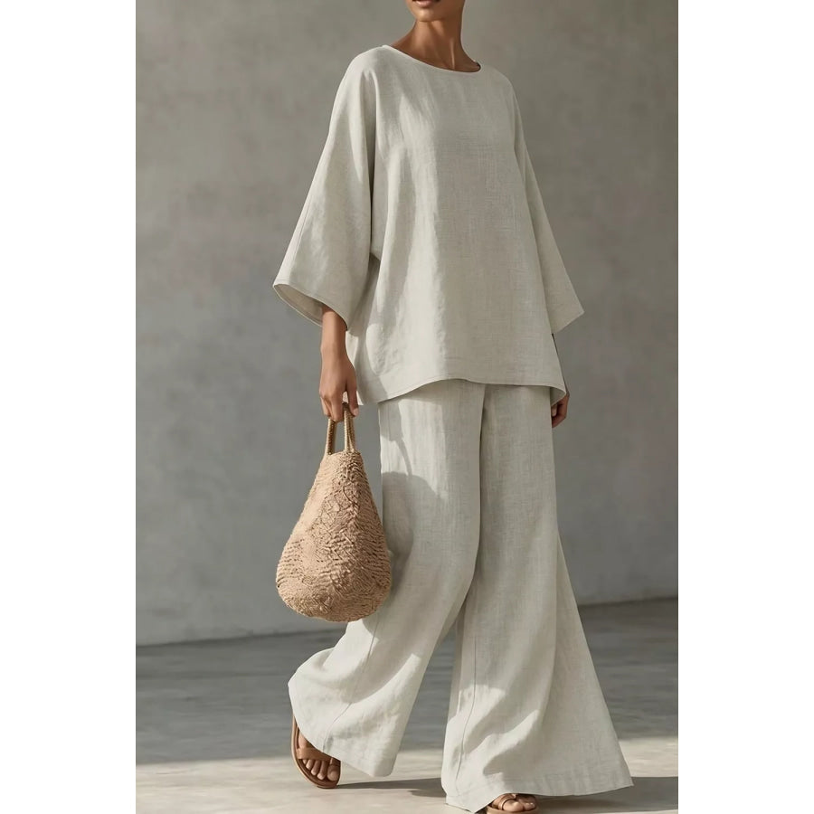 Linen Boat Neck Top and Wide-Leg Pants Set Apparel and Accessories