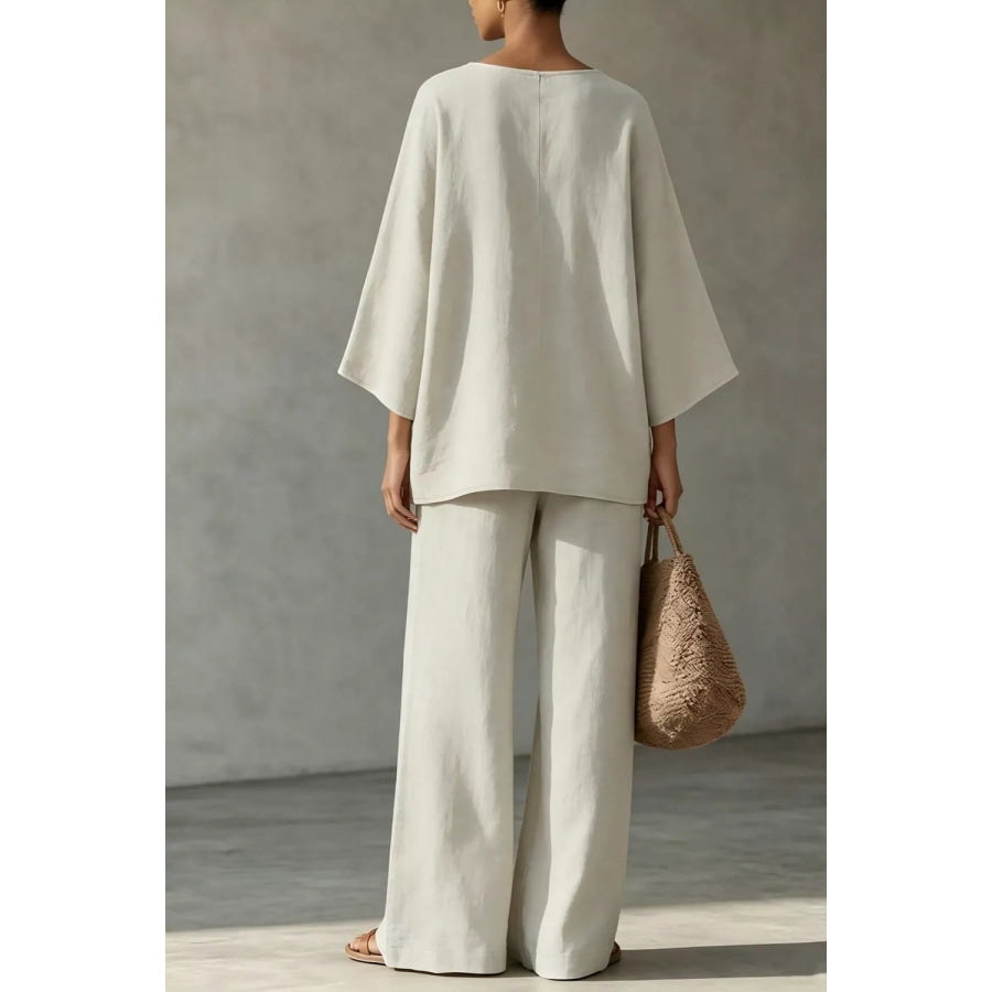 Linen Boat Neck Top and Wide-Leg Pants Set Apparel and Accessories