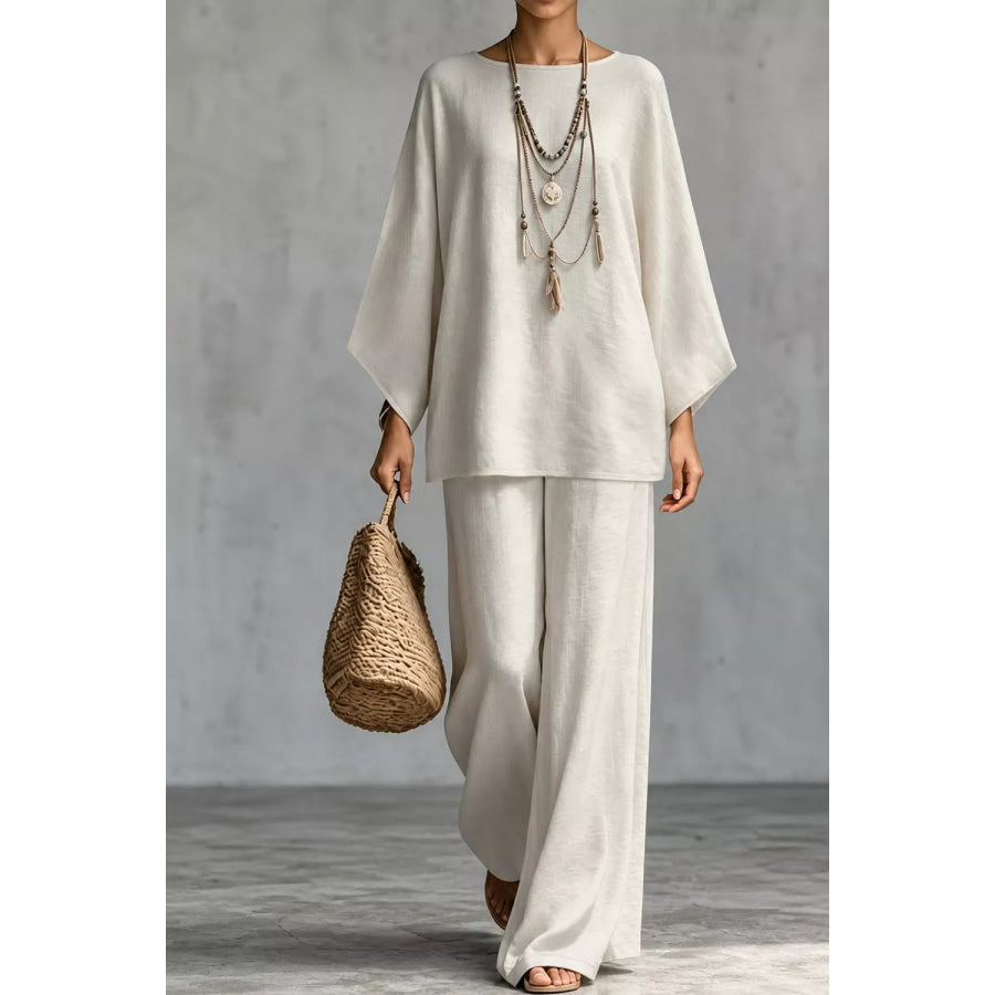 Linen Boat Neck Top and Wide-Leg Pants Set Apparel and Accessories