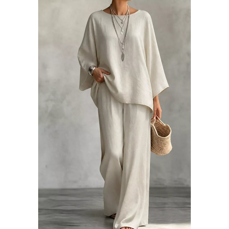 Linen Boat Neck Top and Wide-Leg Pants Set Beige / S Apparel and Accessories
