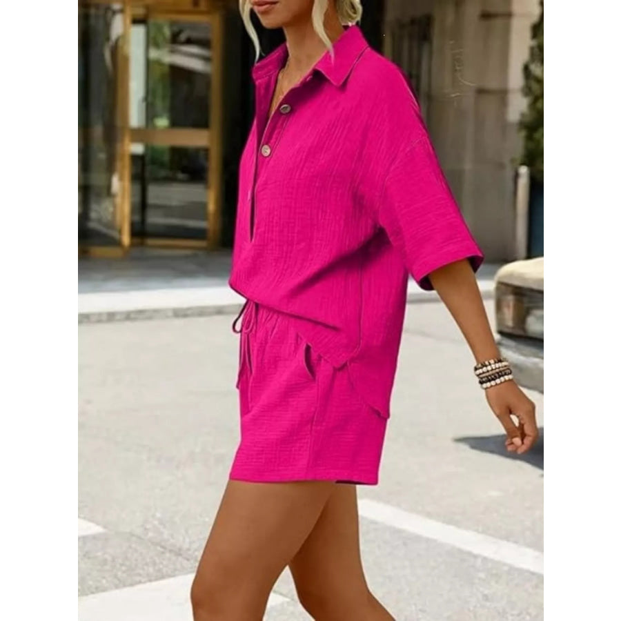 Linen Button Front Short Sleeve Top and Shorts Set Apparel Accessories