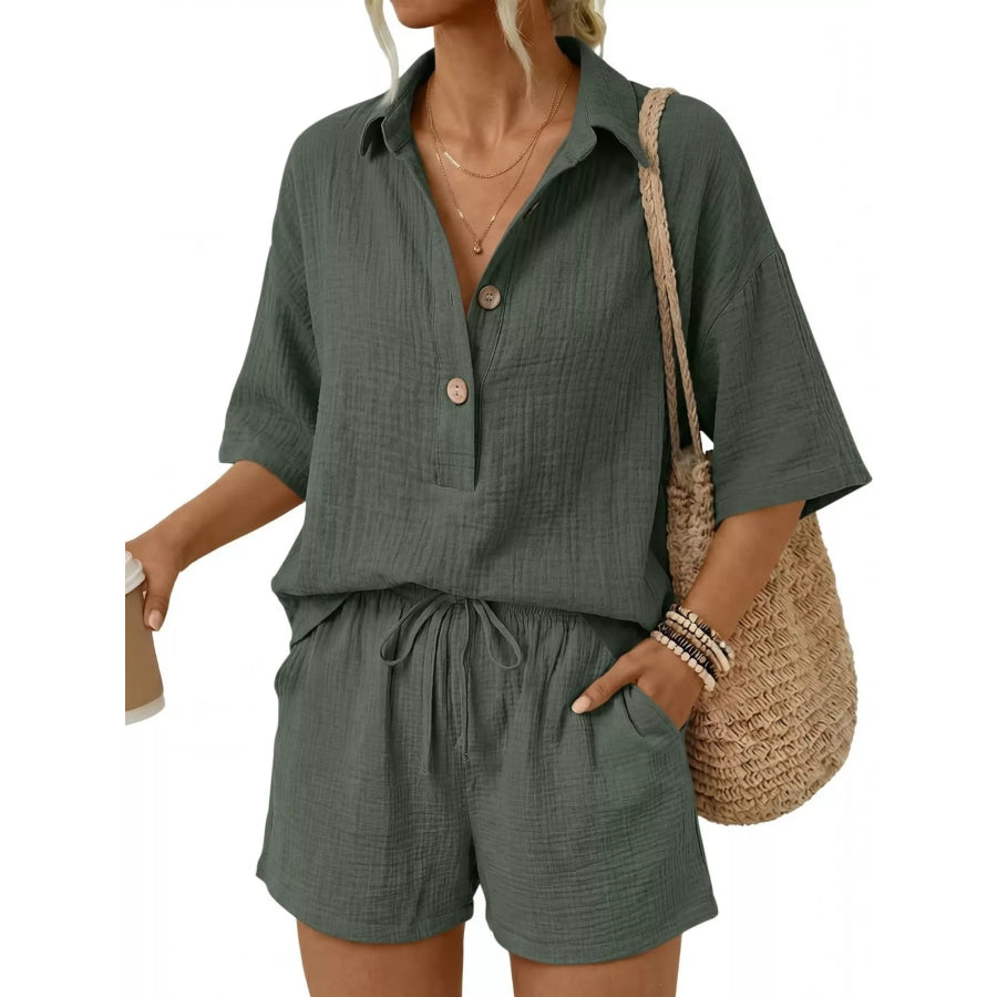 Linen Button Front Short Sleeve Top and Shorts Set Army Green / S Apparel Accessories