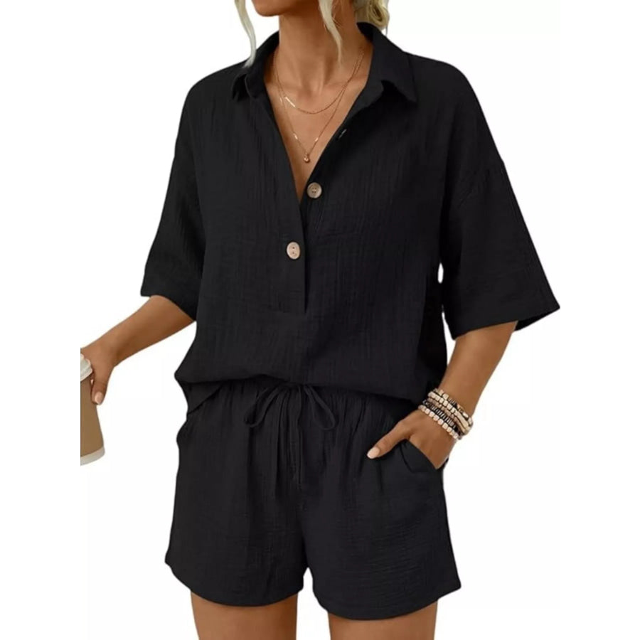 Linen Button Front Short Sleeve Top and Shorts Set Black / S Apparel Accessories