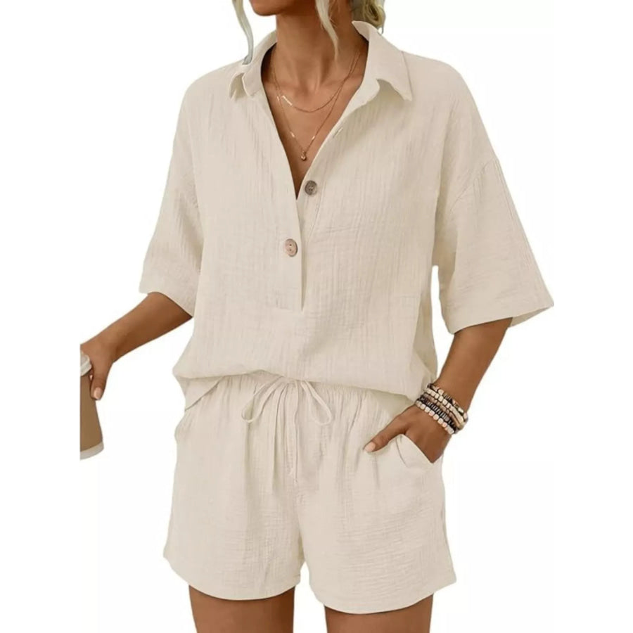 Linen Button Front Short Sleeve Top and Shorts Set Orange-red / S Apparel Accessories