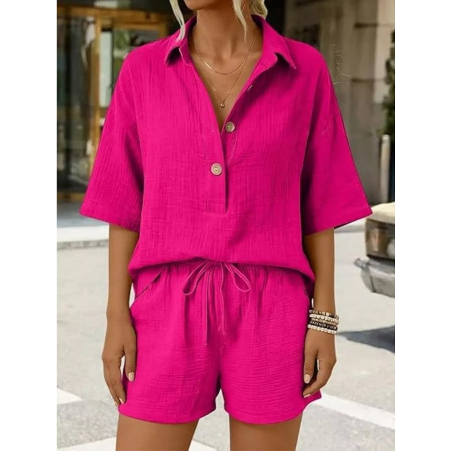 Linen Button Front Short Sleeve Top and Shorts Set Red / S Apparel Accessories