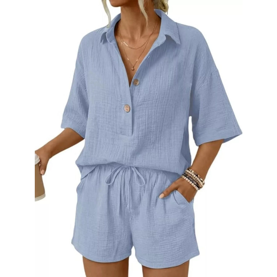 Linen Button Front Short Sleeve Top and Shorts Set Sky Blue / S Apparel Accessories