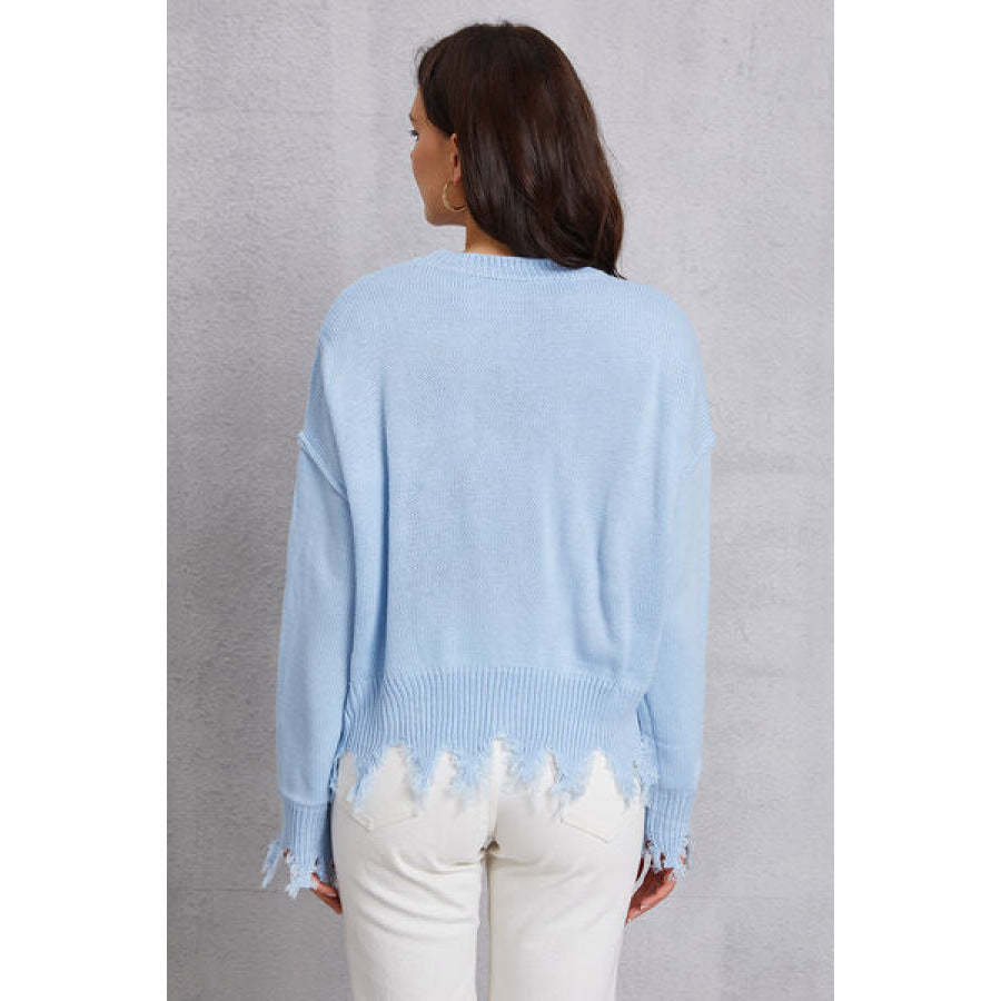 Lip Fringe Round Neck Sweater Misty Blue / S Apparel and Accessories