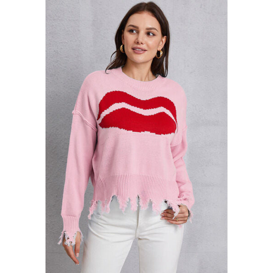 Lip Fringe Round Neck Sweater Blush Pink / S Apparel and Accessories