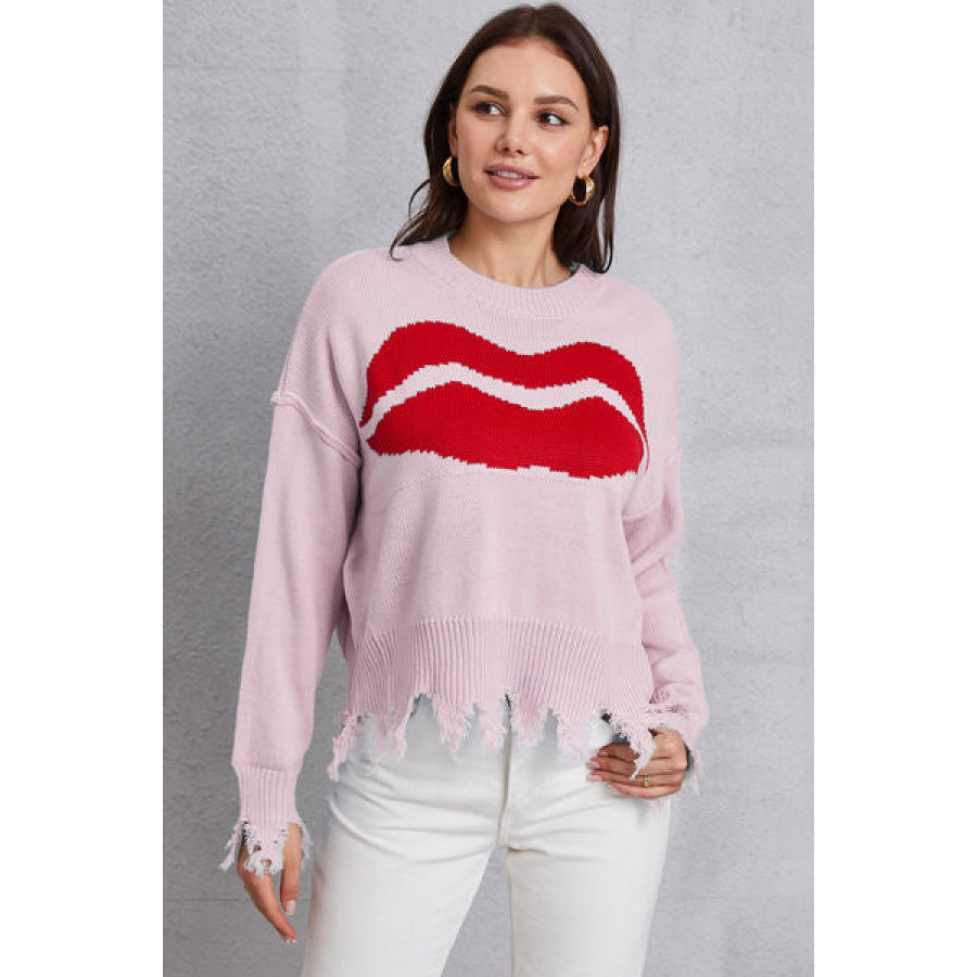 Lip Fringe Round Neck Sweater Lilac / S Apparel and Accessories