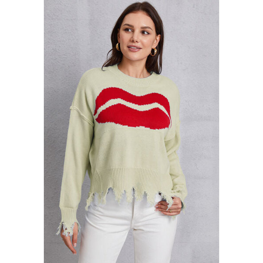 Lip Fringe Round Neck Sweater Mist Green / S Apparel and Accessories