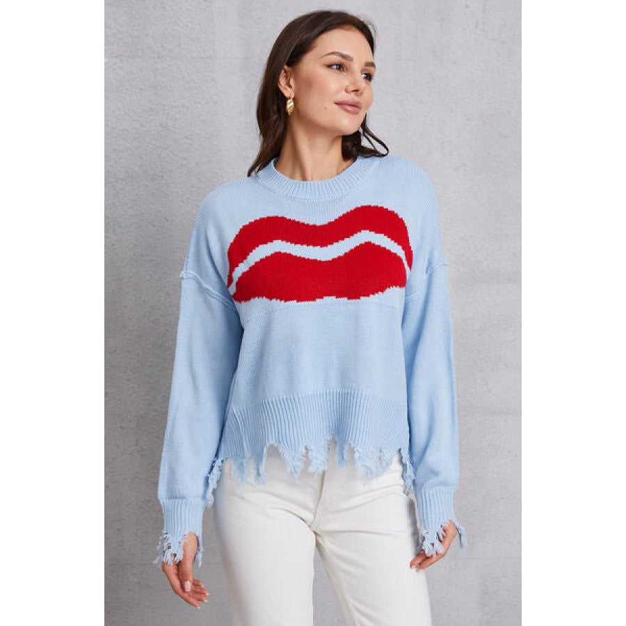 Lip Fringe Round Neck Sweater Misty Blue / S Apparel and Accessories