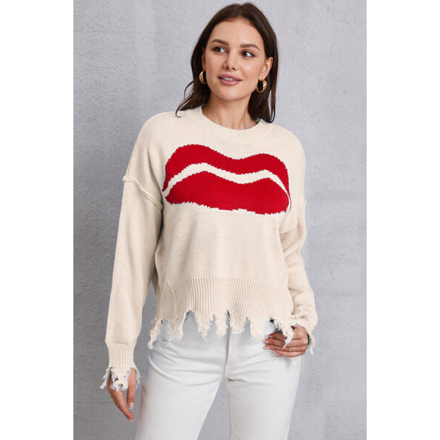 Lip Fringe Round Neck Sweater Pastel Yellow / S Apparel and Accessories