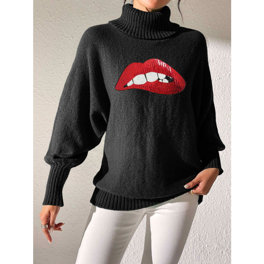 Lip Turtleneck Long Sleeve Sweater Black / S Apparel and Accessories