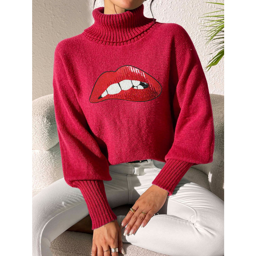 Lip Turtleneck Long Sleeve Sweater Deep Red / S Apparel and Accessories