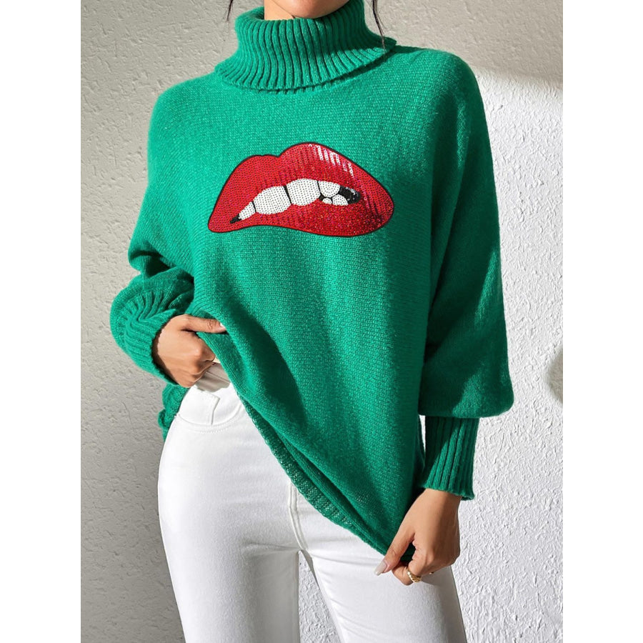 Lip Turtleneck Long Sleeve Sweater Green / S Apparel and Accessories