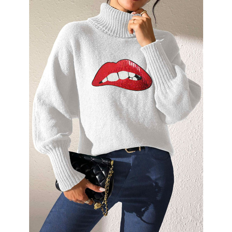 Lip Turtleneck Long Sleeve Sweater White / S Apparel and Accessories