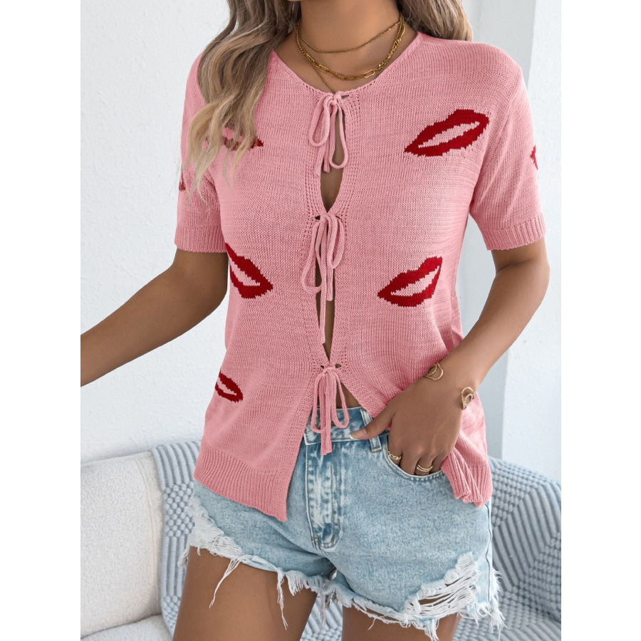 Lips Tie Front Knit Cardigan Apparel and Accessories
