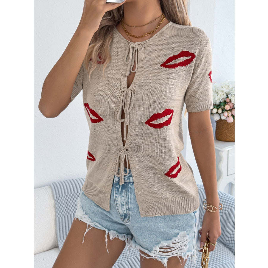 Lips Tie Front Knit Cardigan Khaki / S Apparel and Accessories