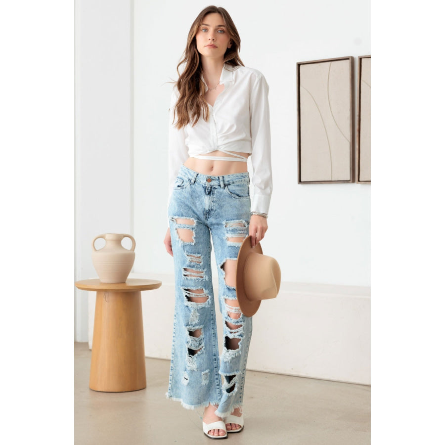 Litz La Distressed Frayed Hem Flare Jeans Acid Wash Denim / 1 Apparel and Accessories