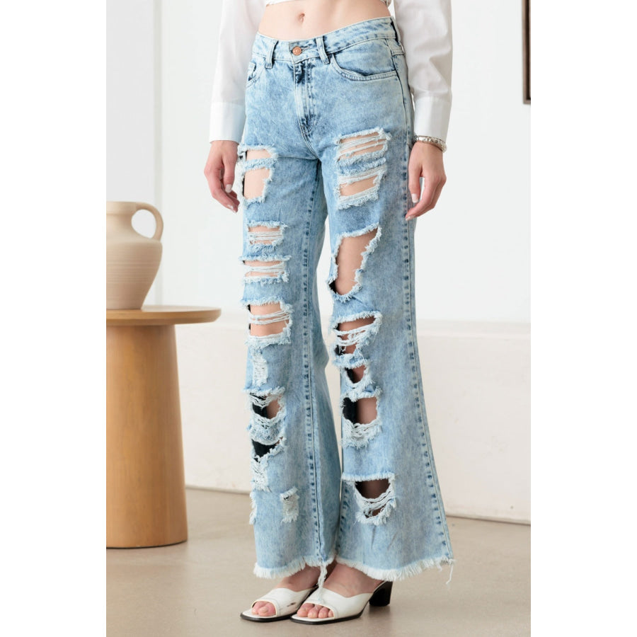 Litz La Distressed Frayed Hem Flare Jeans Acid Wash Denim / 1 Apparel and Accessories