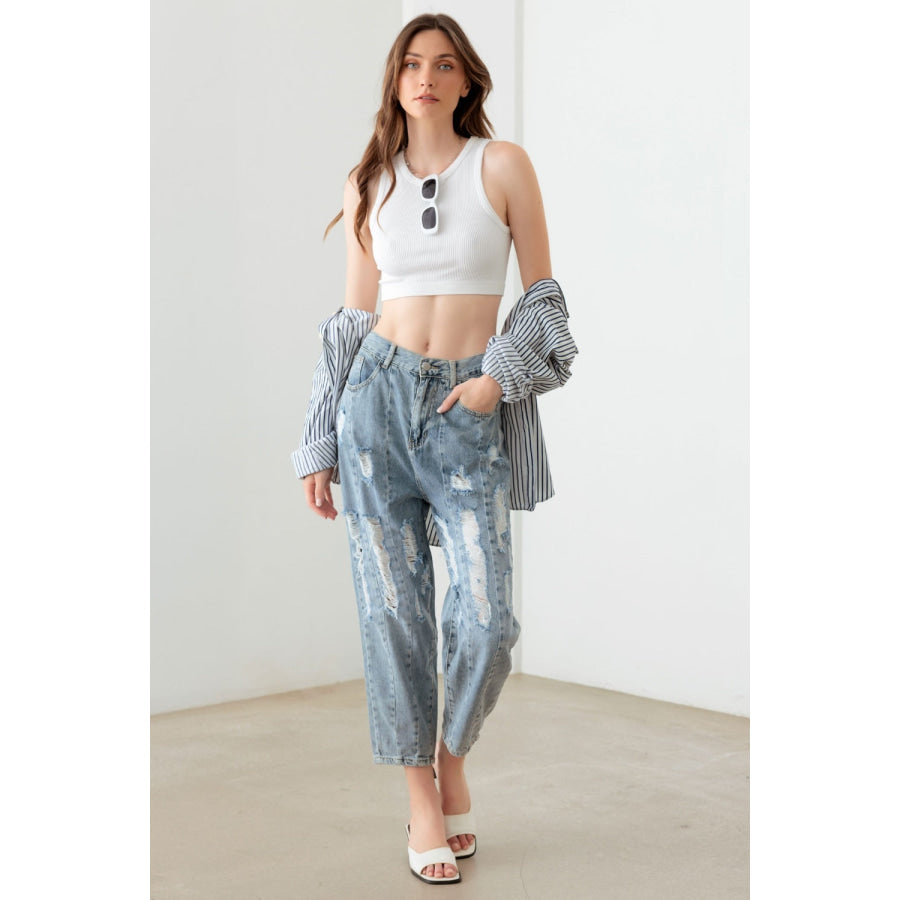 Litz La Washed Barrel Leg High Waist Distressed Jeans Apparel and Accessories