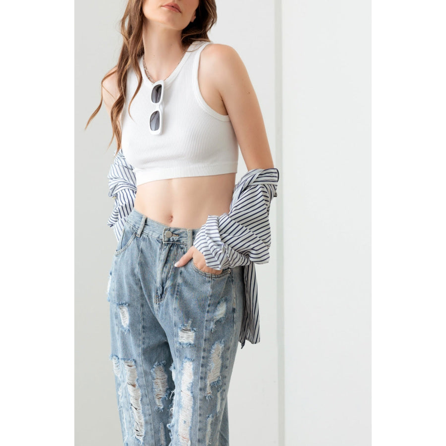 Litz La Washed Barrel Leg High Waist Distressed Jeans Apparel and Accessories