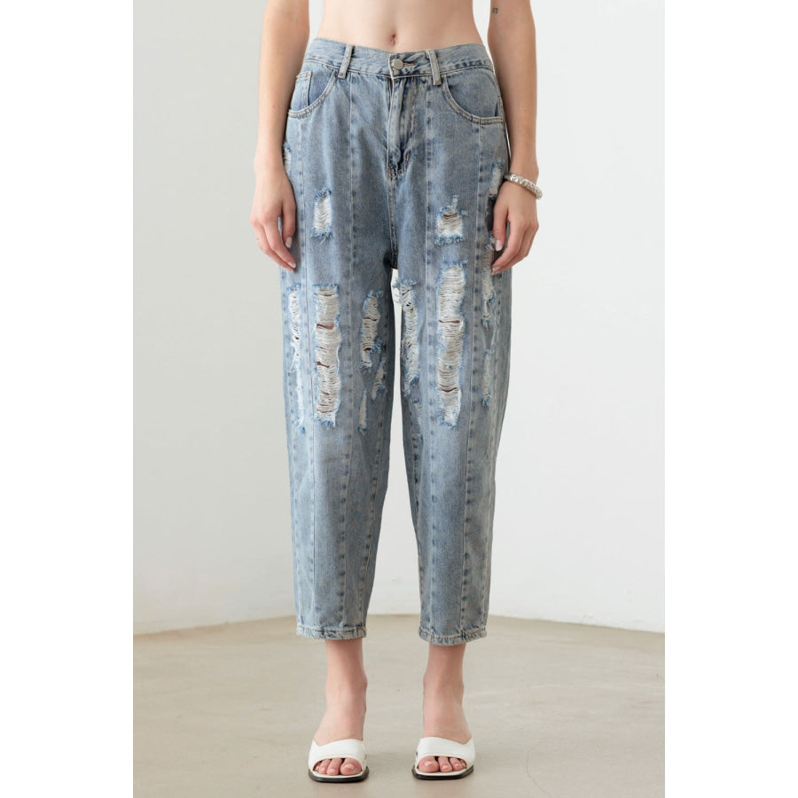 Litz La Washed Barrel Leg High Waist Distressed Jeans Light Denim Wash / S Apparel and Accessories