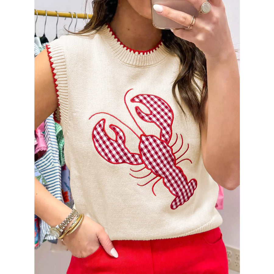 Lobster Embroidered Knit Sweater Vest Beige / S Apparel and Accessories