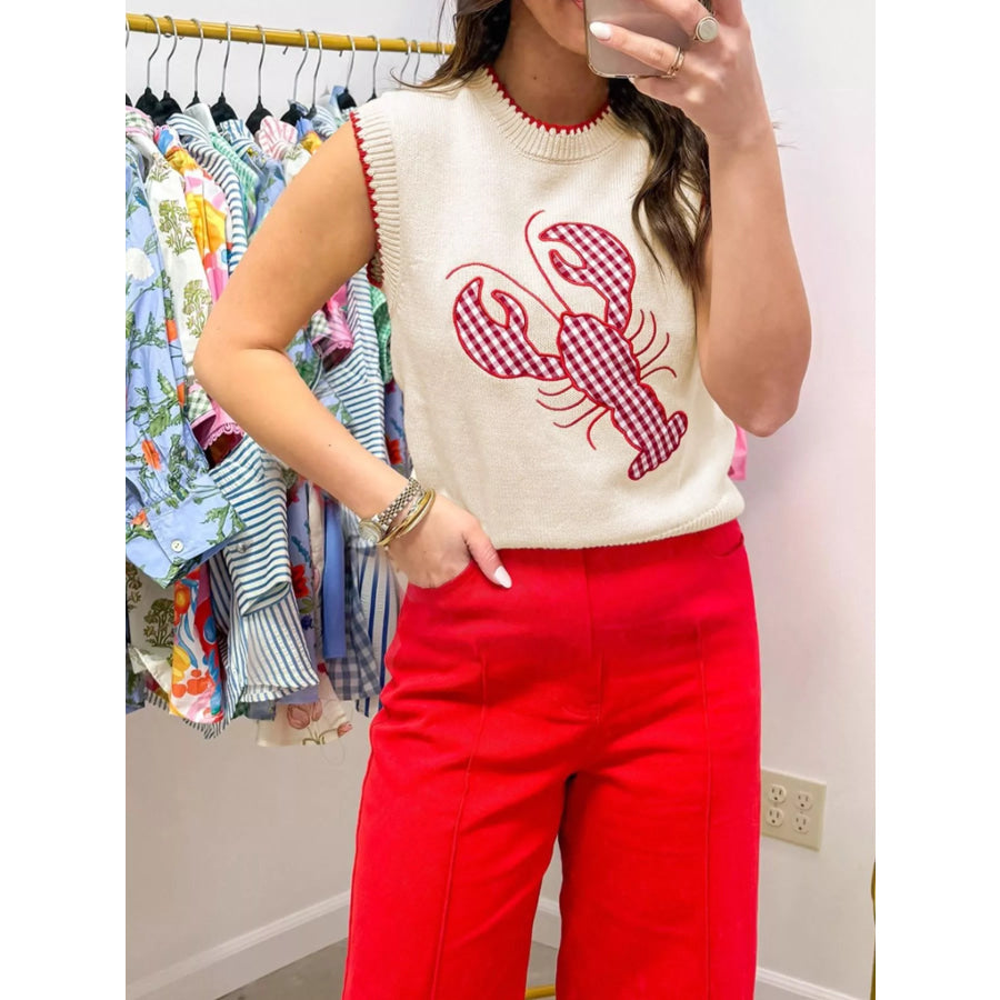 Lobster Embroidered Knit Sweater Vest Beige / S Apparel and Accessories