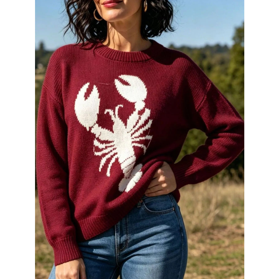 Lobster Graphic Crew Neck Sweater Deep Red / S Apparel and Accessories