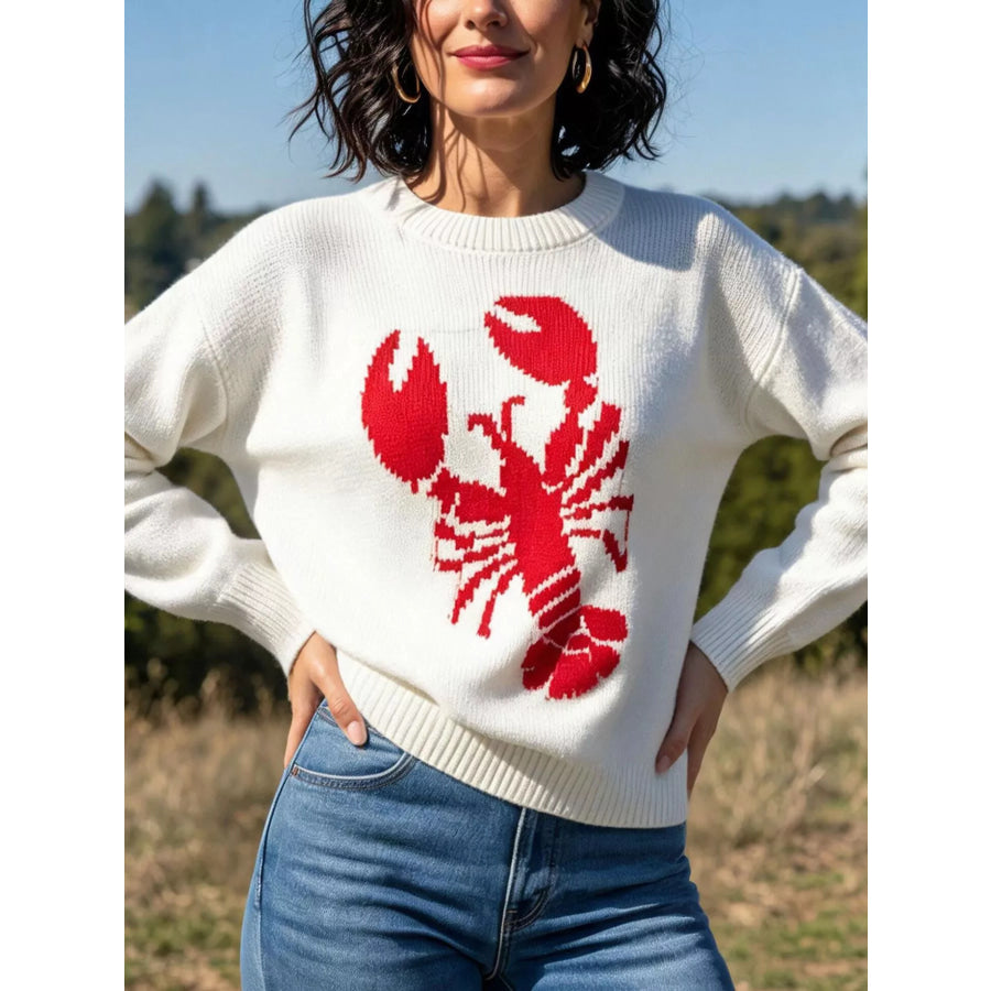 Lobster Graphic Crew Neck Sweater Ivory / S Apparel and Accessories