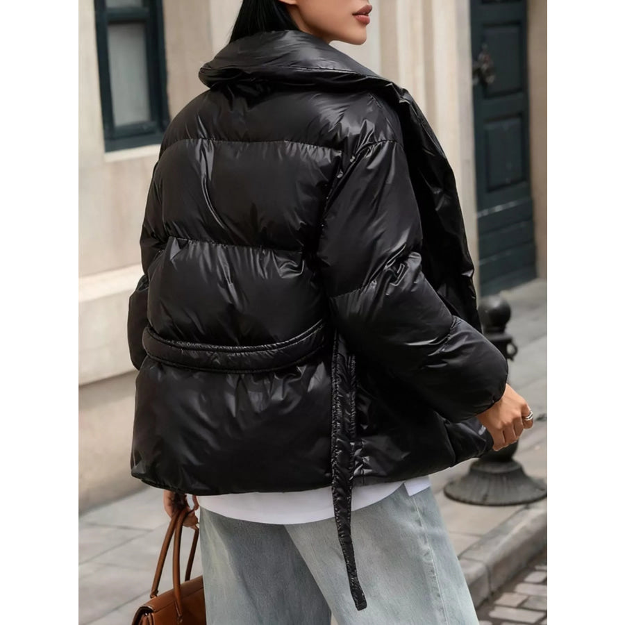 Long Sleeve Belted Puffer Jacket Black / S Apparel and Accessories
