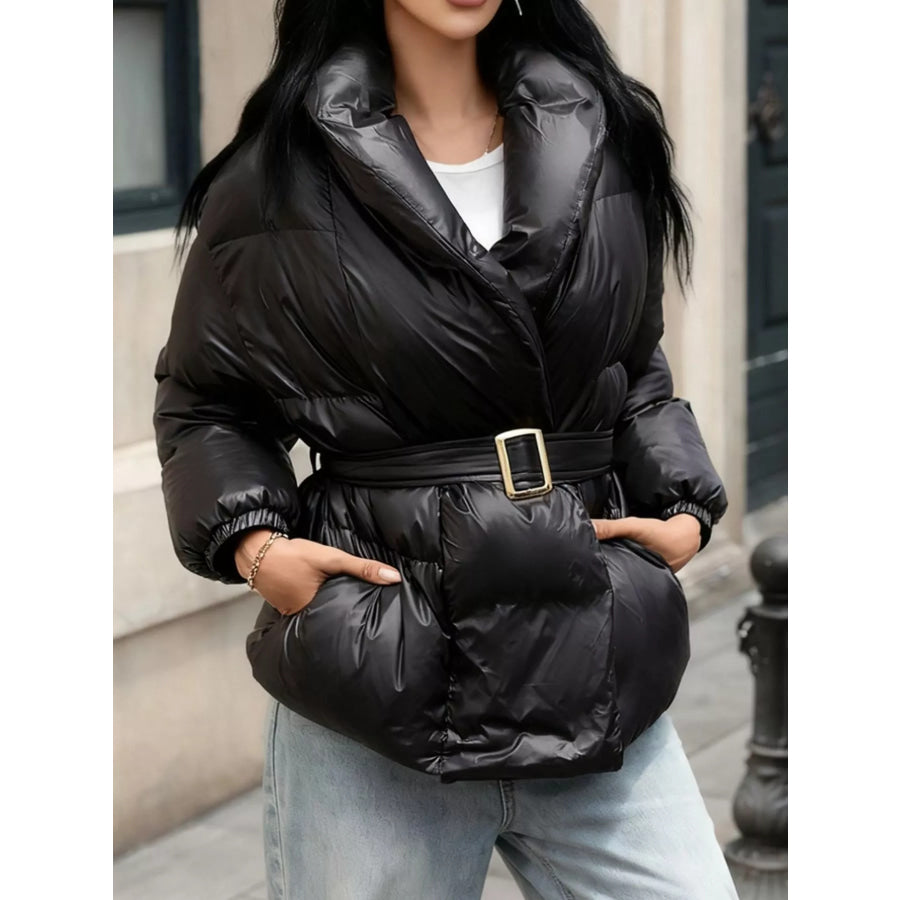 Long Sleeve Belted Puffer Jacket Black / S Apparel and Accessories