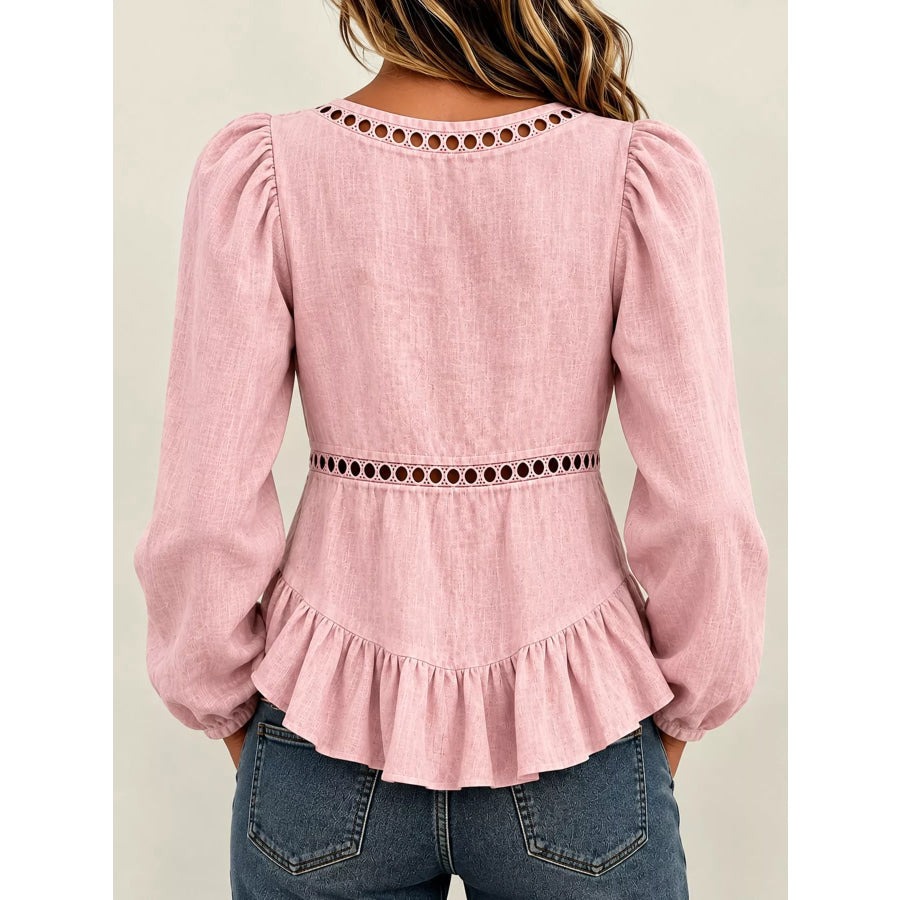 Long Sleeve Blouse with Eyelet Lace Trim and Ruffled Hem Apparel Accessories