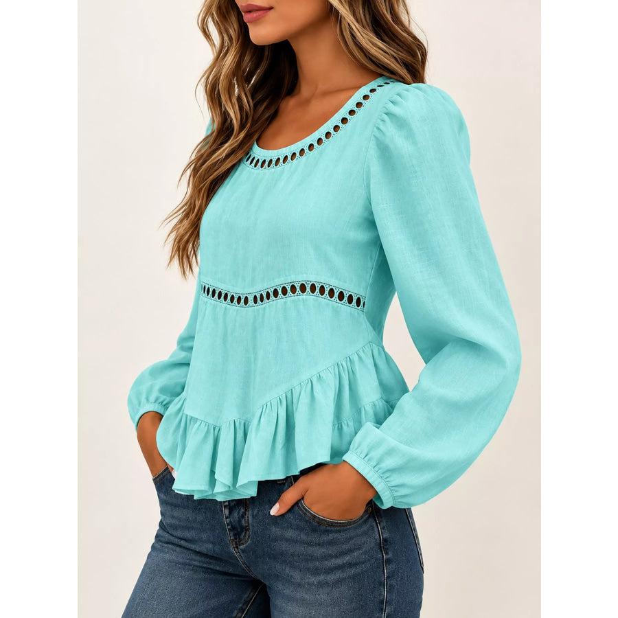 Long Sleeve Blouse with Eyelet Lace Trim and Ruffled Hem Apparel Accessories