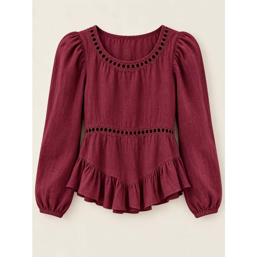 Long Sleeve Blouse with Eyelet Lace Trim and Ruffled Hem Apparel Accessories